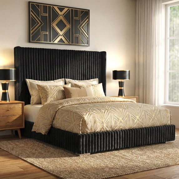 Furniture of America Cafein Adult King Extra Tall Tufted Fabric Wingback Mattress Ready Bed, Black