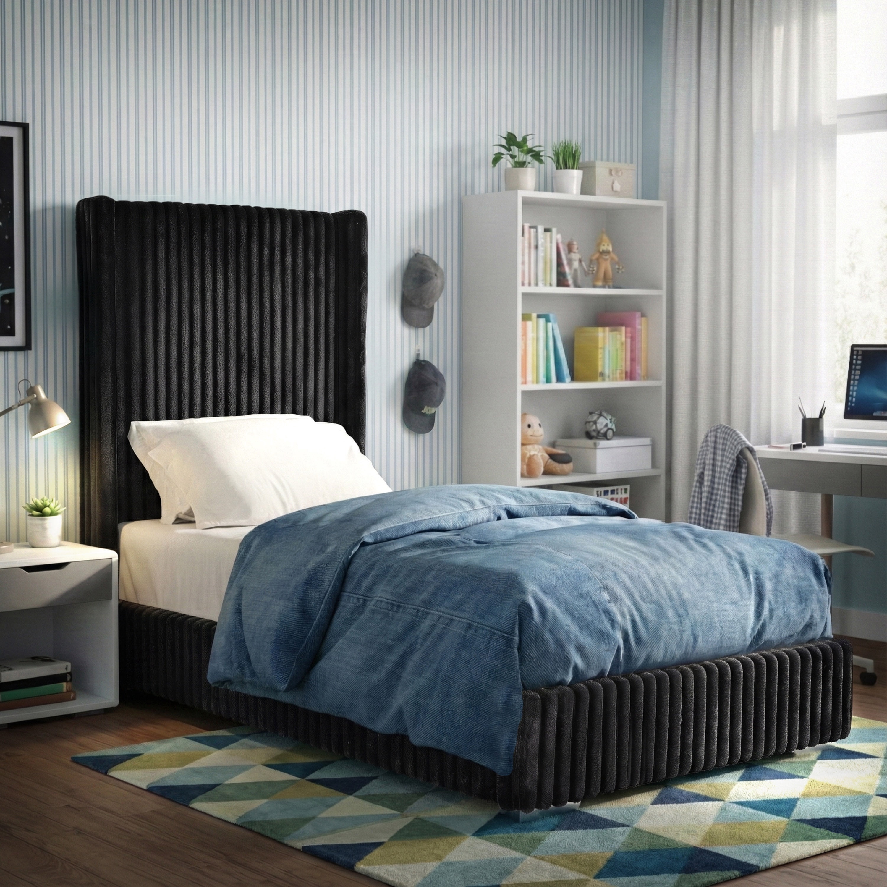 Furniture of America Cafein Kids Twin Extra Tall Tufted Fabric Wingback Mattress Ready Bed, Black