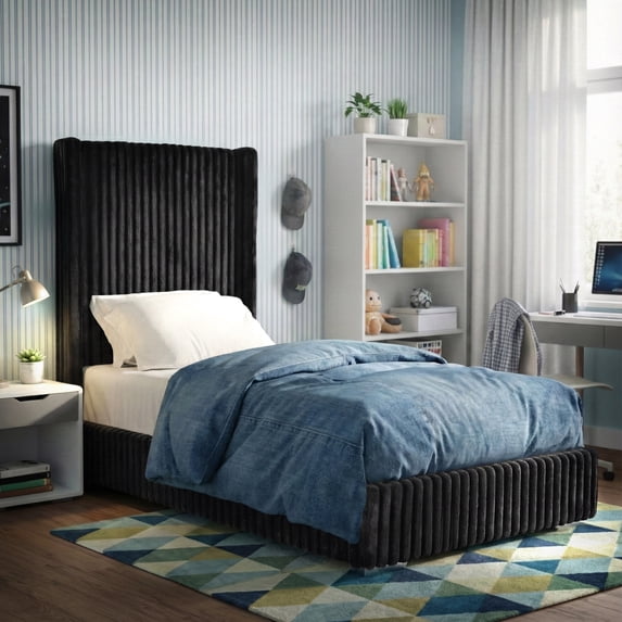 Furniture of America Cafein Kids Twin Extra Tall Tufted Fabric Wingback Mattress Ready Bed, Black