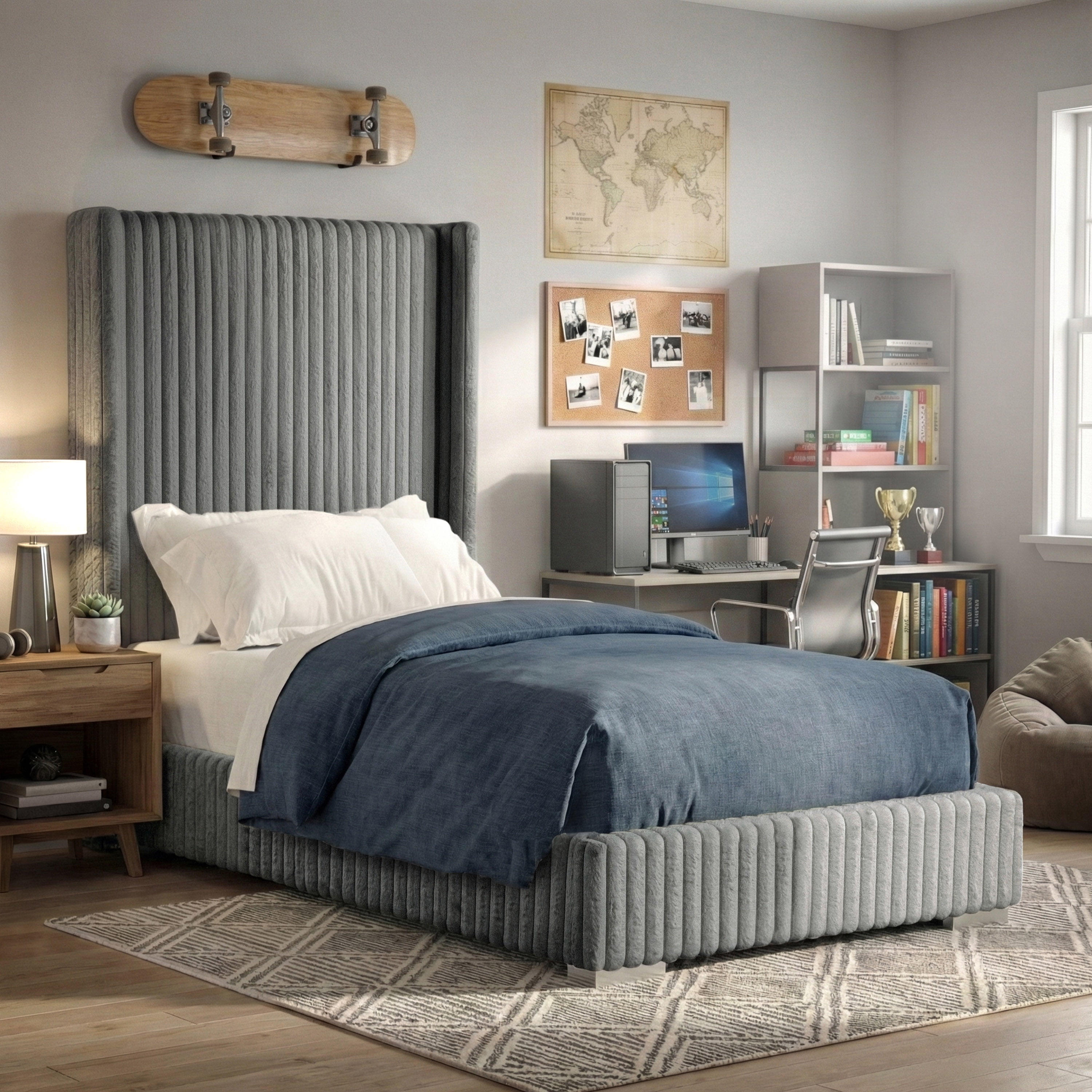 Furniture of America Cafein Kids Twin Extra Tall Tufted Fabric Wingback Mattress Ready Bed, Gray