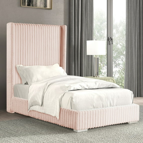 Furniture of America Cafein Kids Twin Extra Tall Headboard Tufted Fabric Wingback Platform Bed, Pink