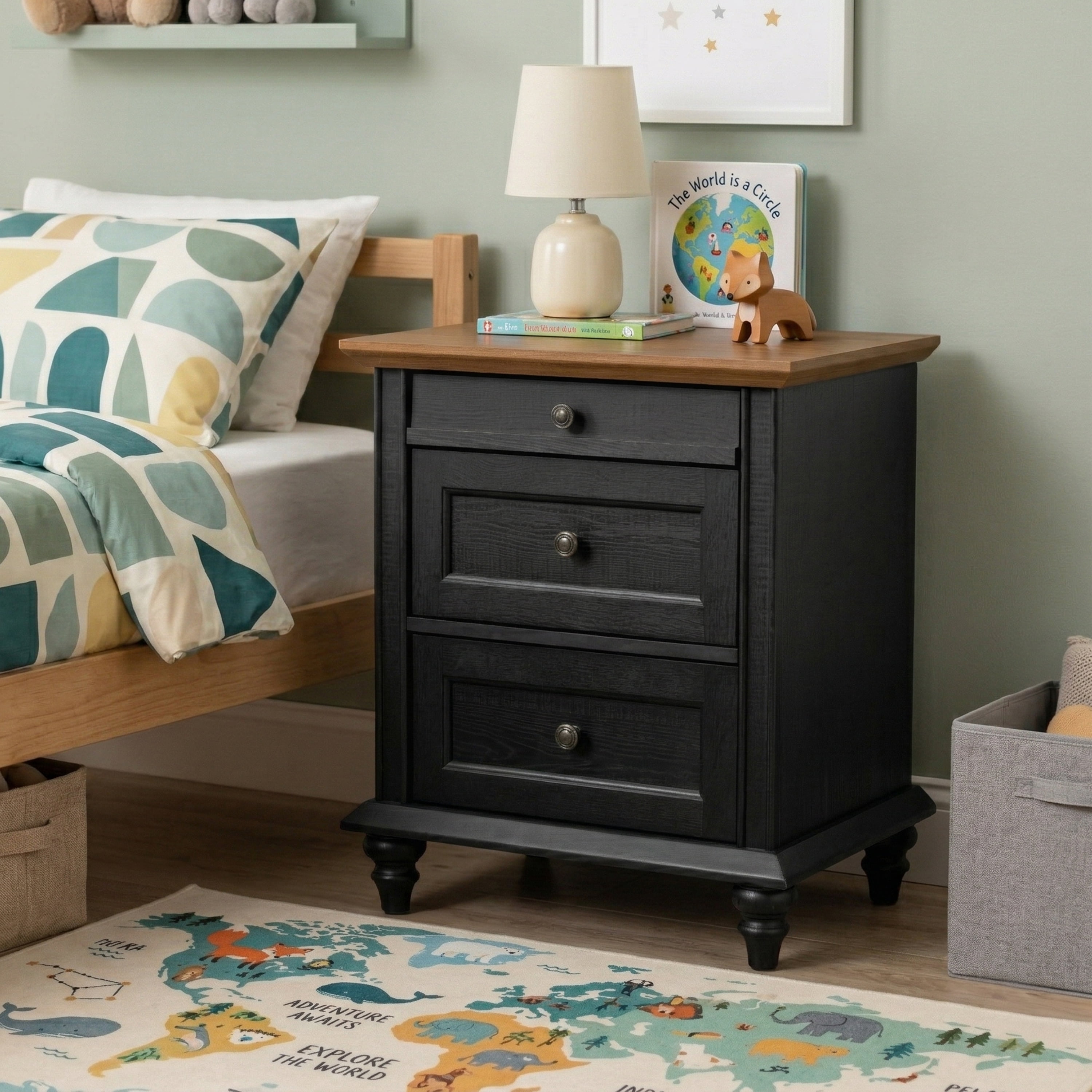 Furniture of America Calix Traditional Wood 3-Drawer Kids Nightstand, Black