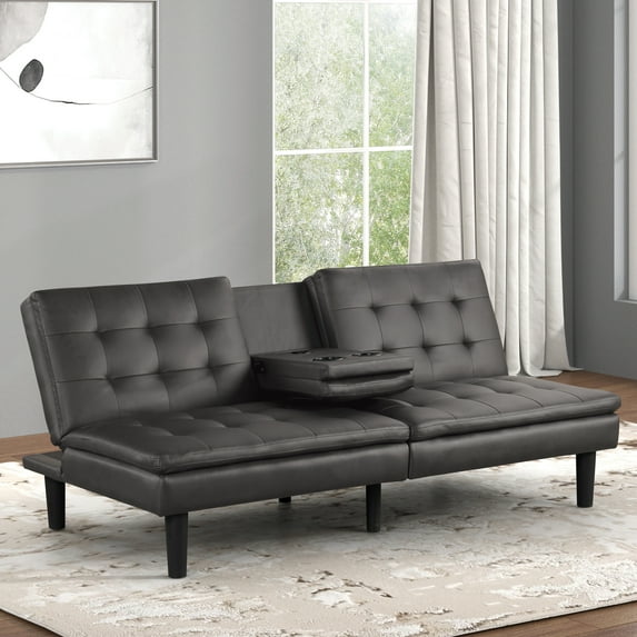 Furniture of America Canu Convertible Faux Leather Futon Daybeds with USB Port up to 500 lbs, Gray