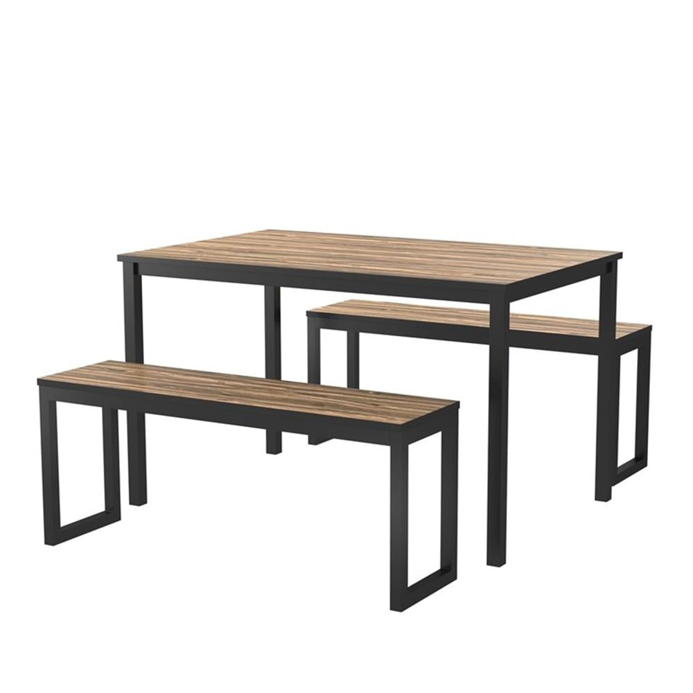 Walnut and Black Metal 3-Piece Dining Set with Benches