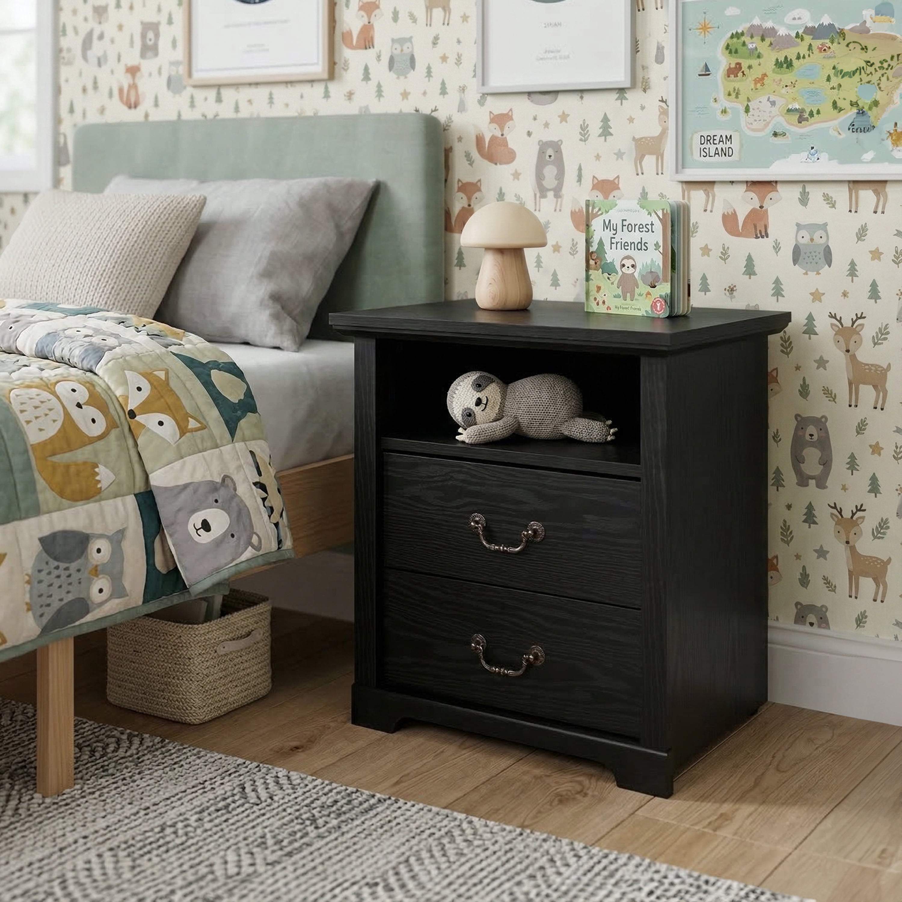 Furniture of America Chara Modern Wood 2-Drawer Kids Nightstand with Open Top Shelf, Black