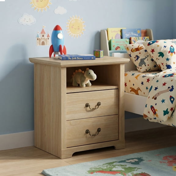 Furniture of America Chara Modern Wood 2-Drawer Kids Nightstand with Open Top Shelf, Distressed Oak