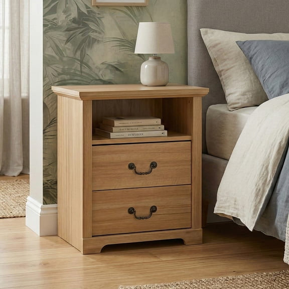 Furniture of America Chara Modern Wood 2-Drawer Nightstand with Open Top Shelf, Natural