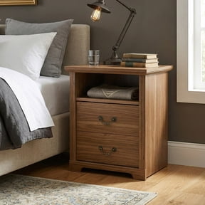Furniture of America Chara Modern Wood 2-Drawer Nightstand with Open Top Shelf, Walnut