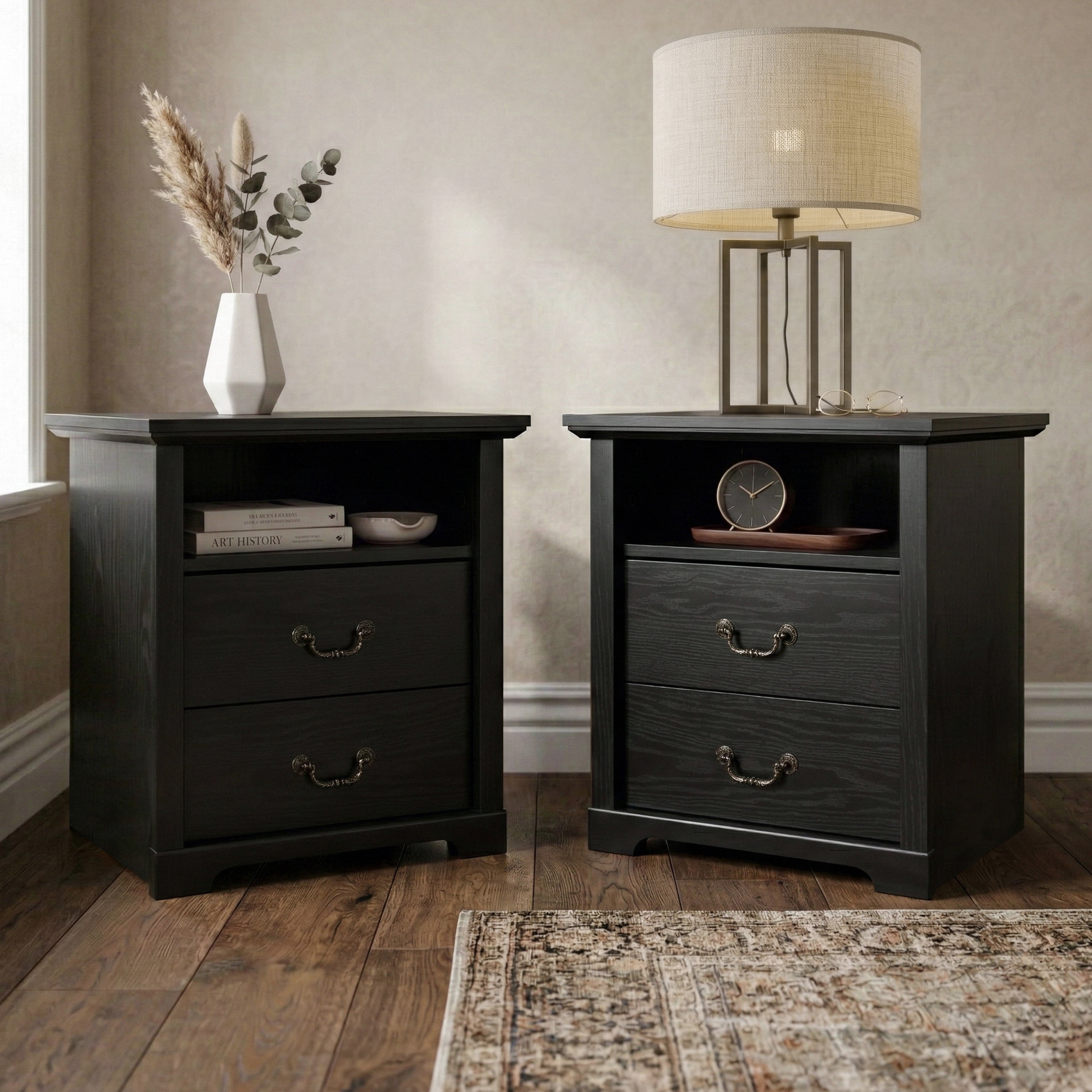 Furniture of America Chara Modern Wood 2-Drawer Nightstands with Open Top Shelf, Set of 2, Black