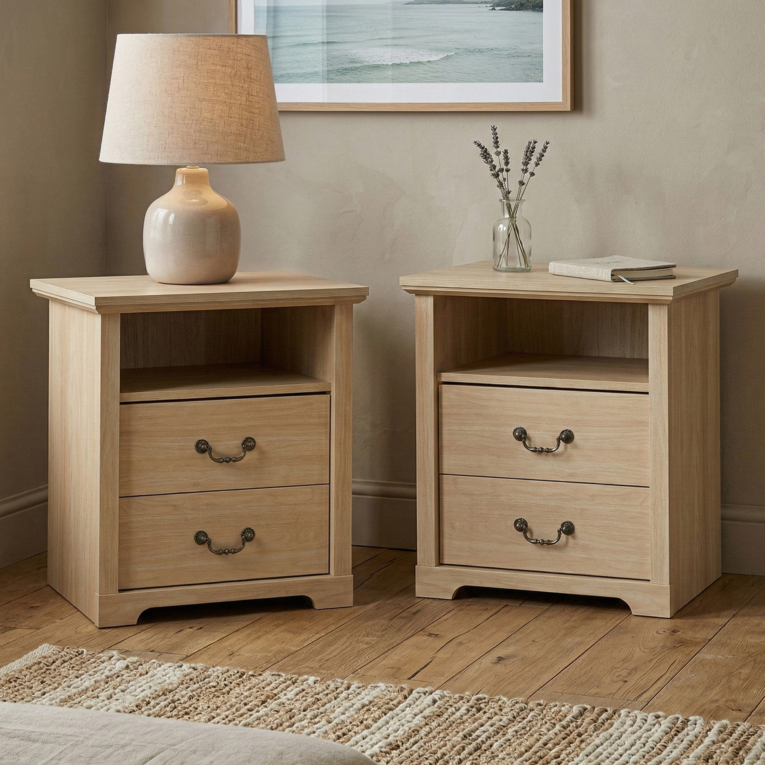 Furniture of America Chara Modern Wood 2-Drawer Nightstands with Open Top Shelf, Set of 2, Distressed Oak