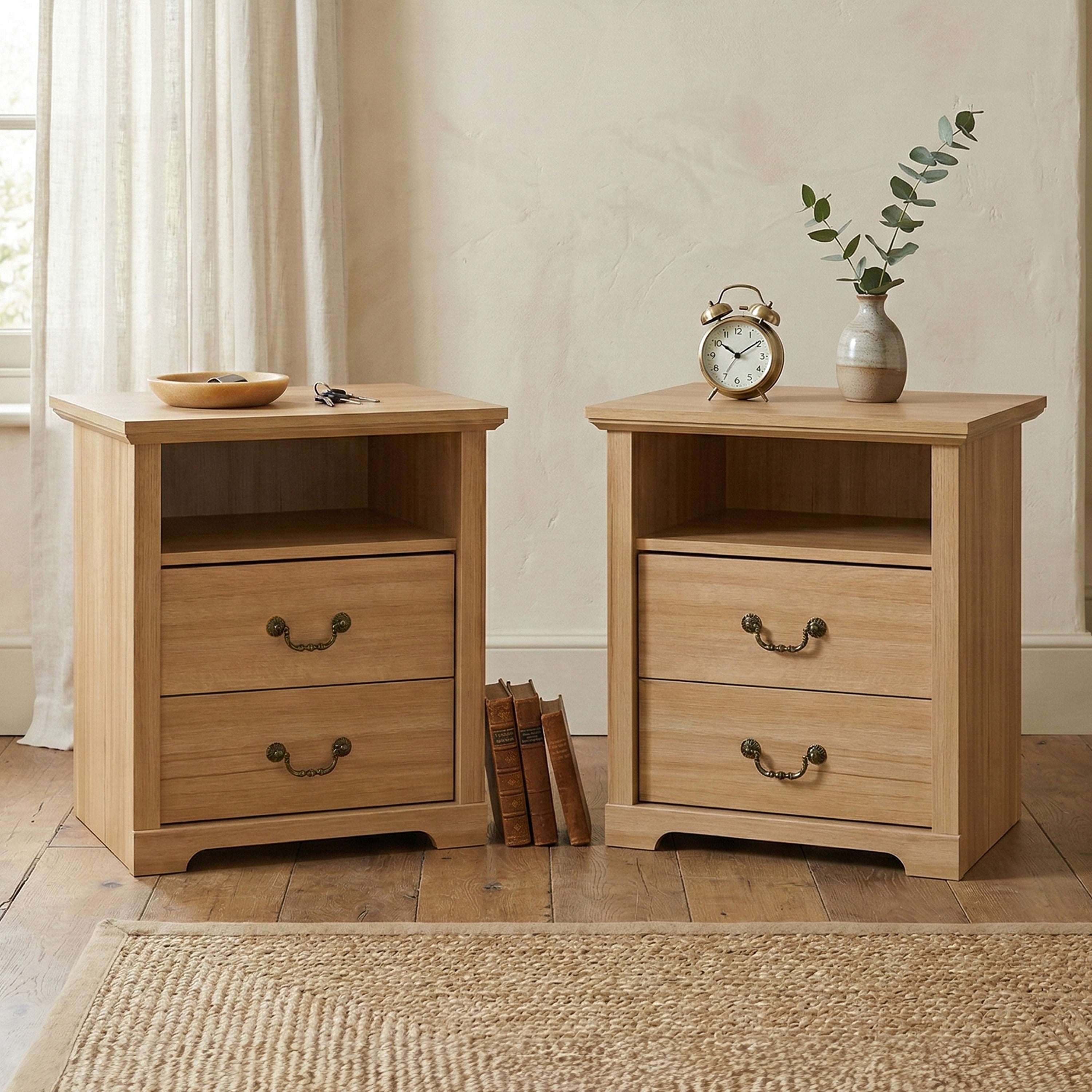 Furniture of America Chara Modern Wood 2-Drawer Nightstands with Open Top Shelf, Set of 2, Natural
