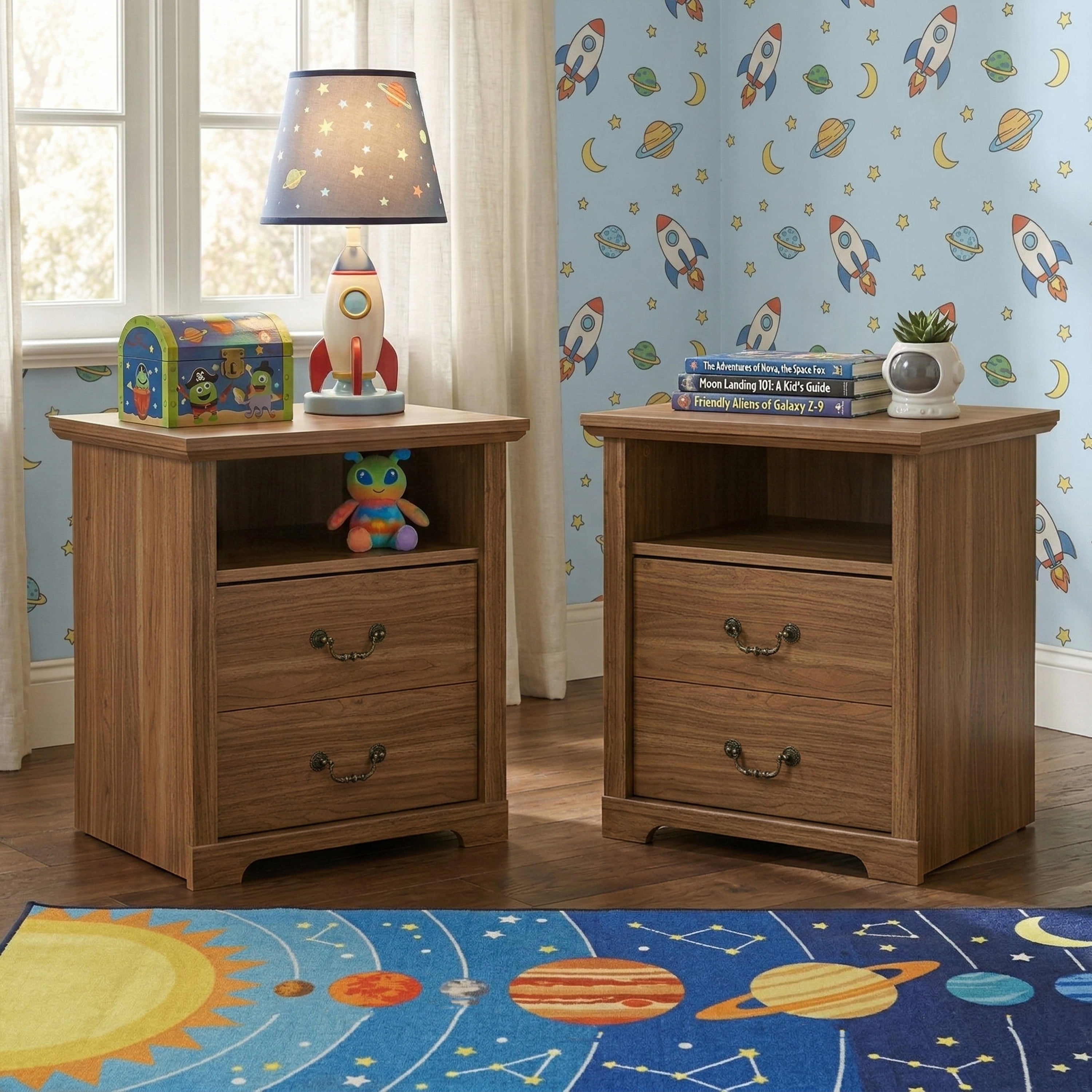 Furniture of America Chara Modern Wood 2-Drawer Kids Nightstands with Open Top Shelf, Set of 2, Walnut