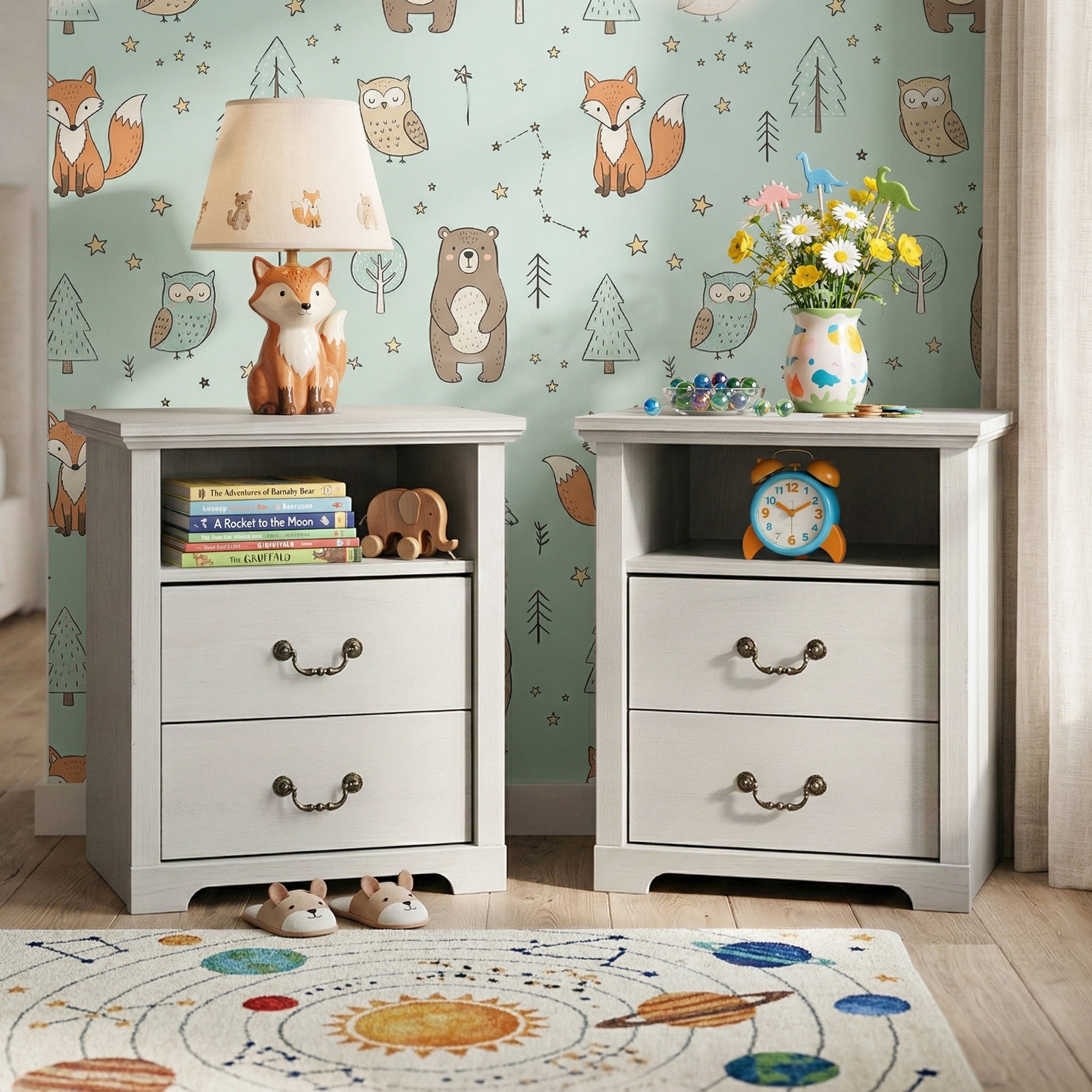 Furniture of America Chara Modern Wood 2-Drawer Kids Nightstands with Open Top Shelf, Set of 2, White