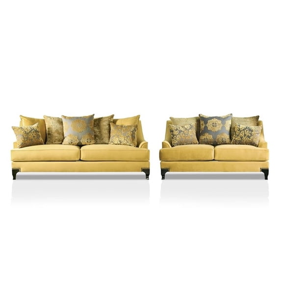 Furniture of America Charlette Traditional Fabric 2-Piece Sofa Set in Gold
