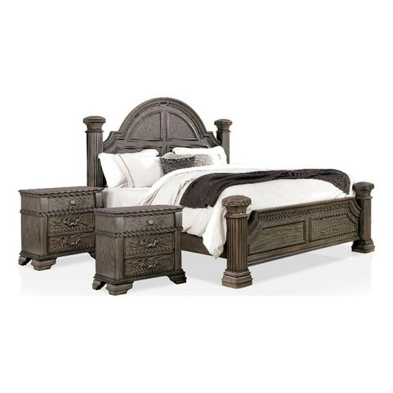 Furniture of America Charo 3pc Gray Wood Bedroom Set-Cal King + 2 Nightstands