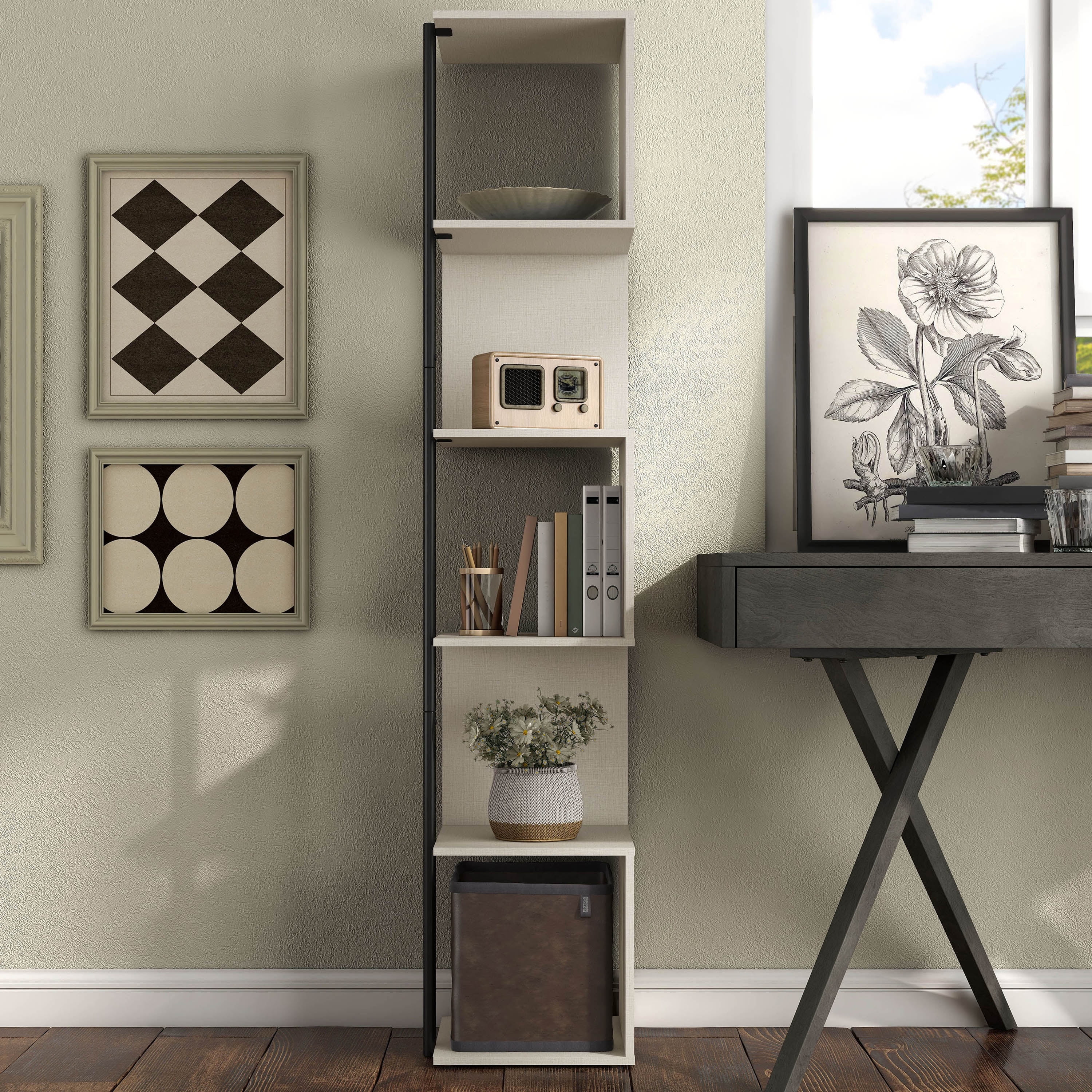 Cream Weave 5-Shelf Corner Bookcase with Black Metal Support