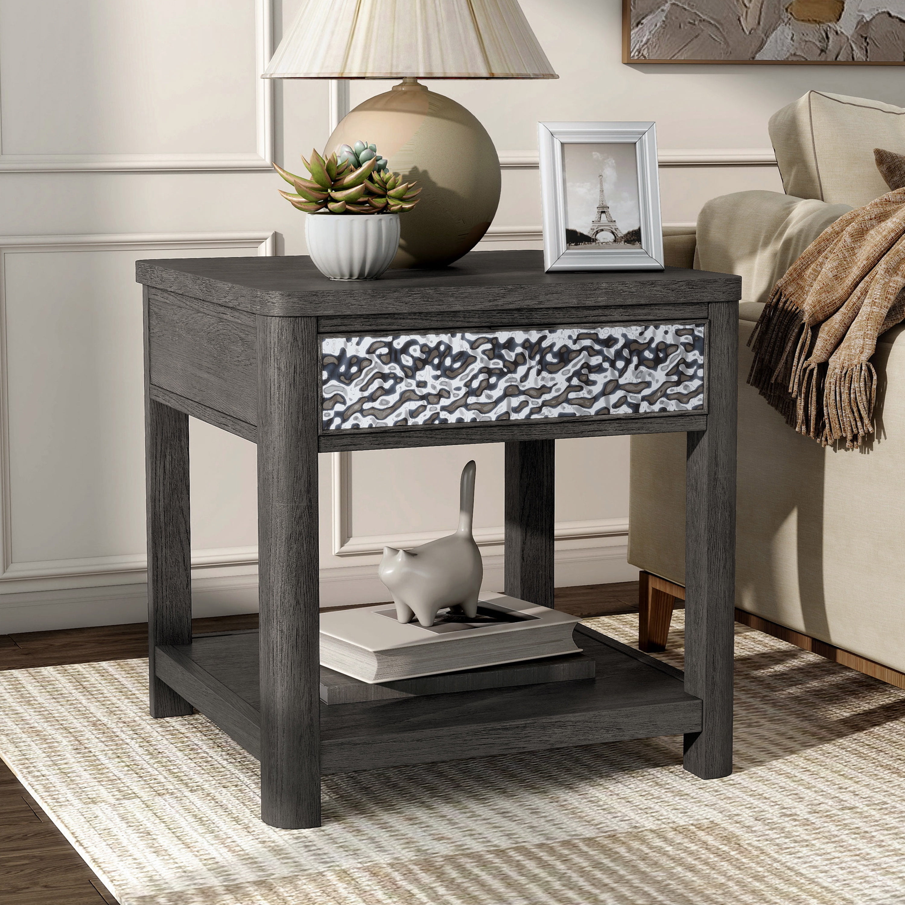 Furniture of America Cheri Modern 1-Drawer Solid Wood End Table, Ash Gray