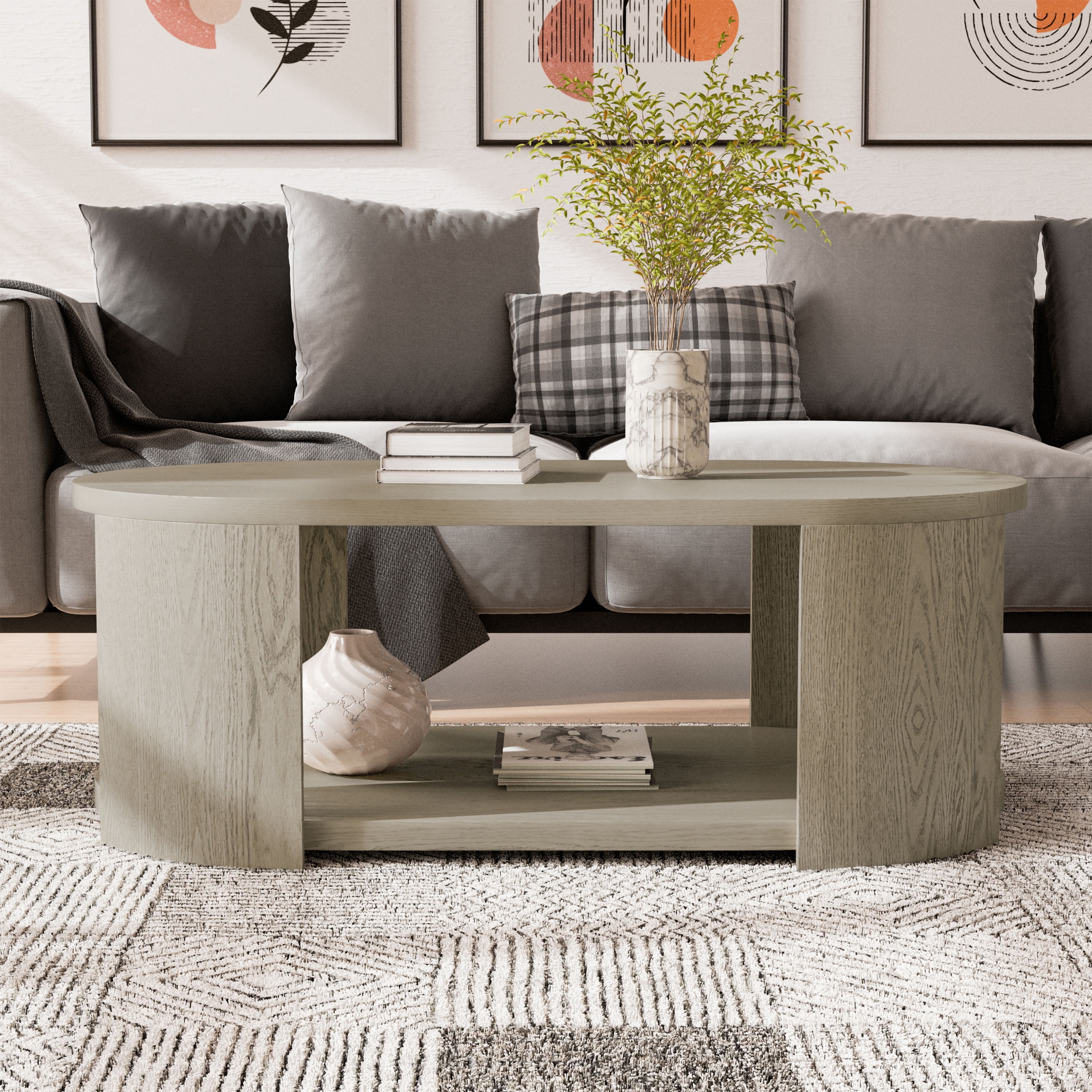 Furniture of America Cheri Modern Oval Solid Wood Indoor Coffee Table with 1-Shelf and Casters, Oak