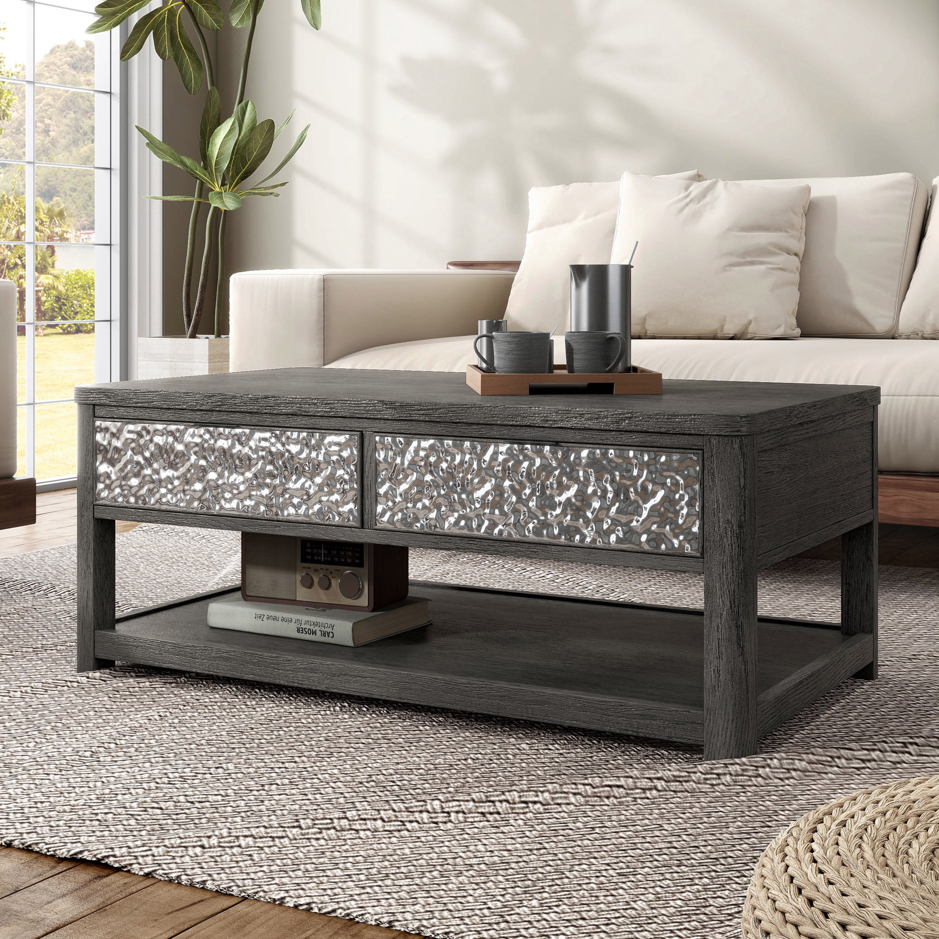 Furniture of America Cheri Modern Solid Wood Coffee Table with 2-Drawer and Casters, Ash Gray
