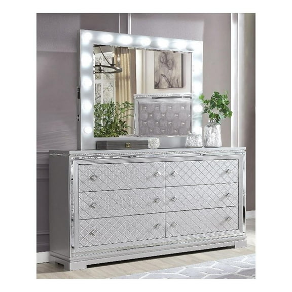 Furniture of America Chid 6-Drawer Solid Wood Dresser with Mirror in Silver