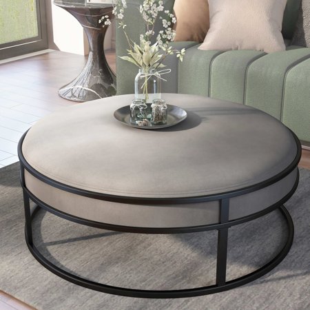 Furniture of America Chista Contemporary Round Fabric Ottoman with Cushion by Grey
