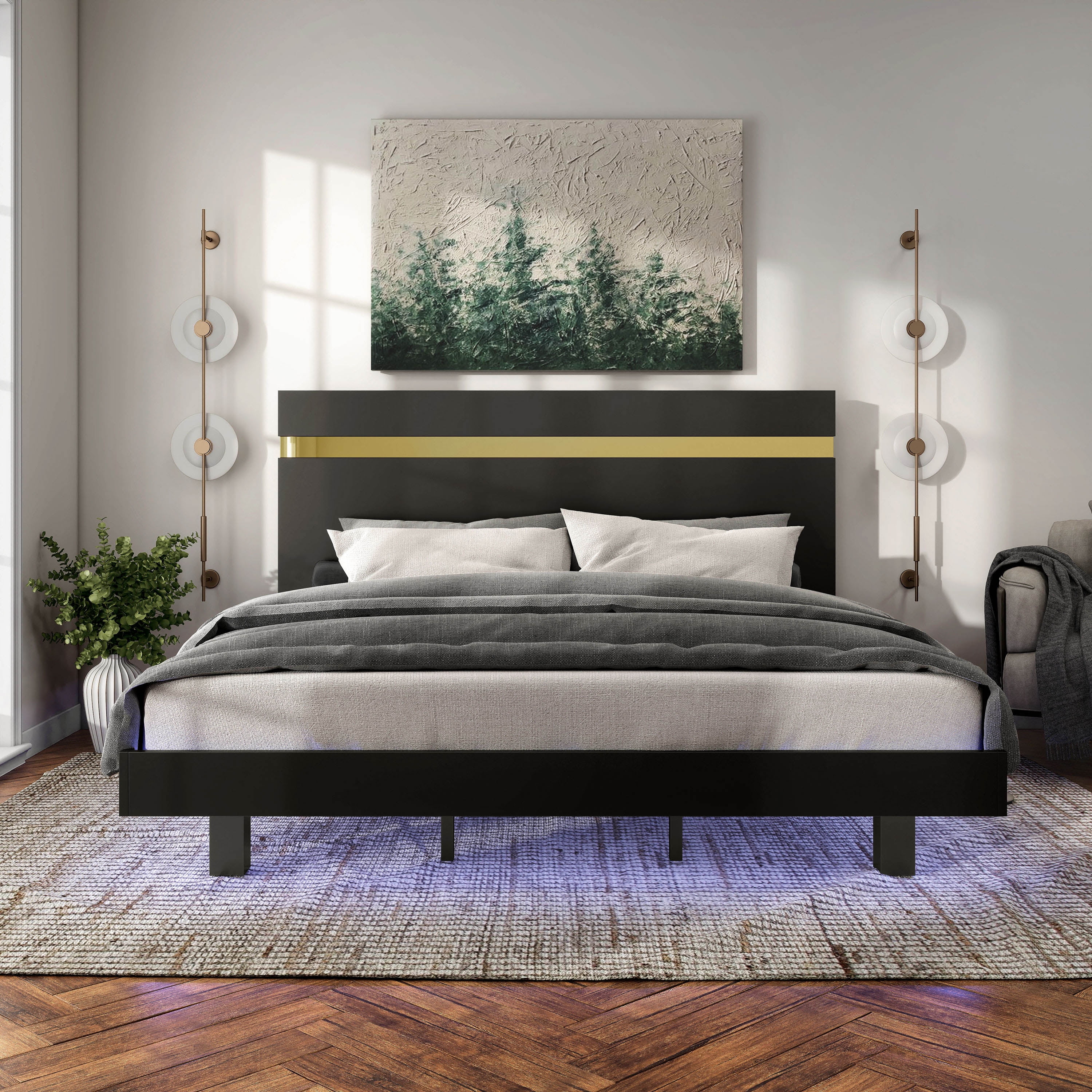 Furniture of America Chora Solid Wood Platform Bed with Underbed LED, Full, Black and Gold