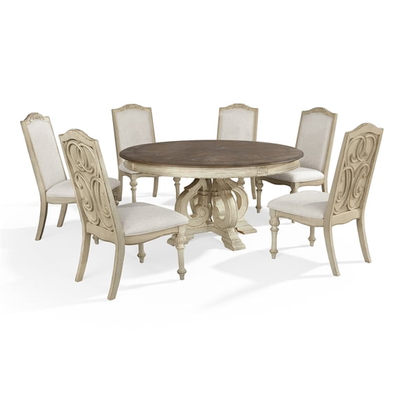 Furniture of America Clyde Wood 7-Piece Round Dining Table Set in Antique White