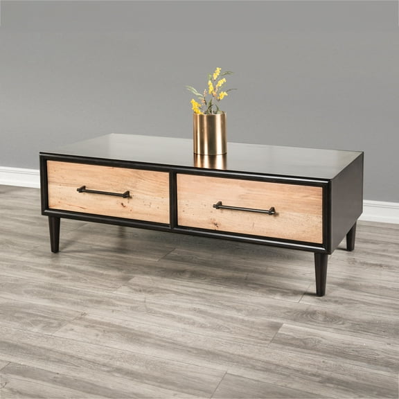 Furniture of America Coda Modern 2-Drawer Solid Wood Coffee Table, Black and Natural