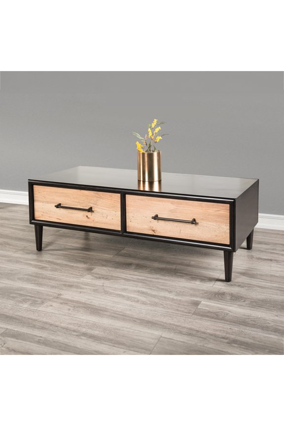 Coda Modern 2-Drawer Solid Wood Coffee Table, Black and Natural