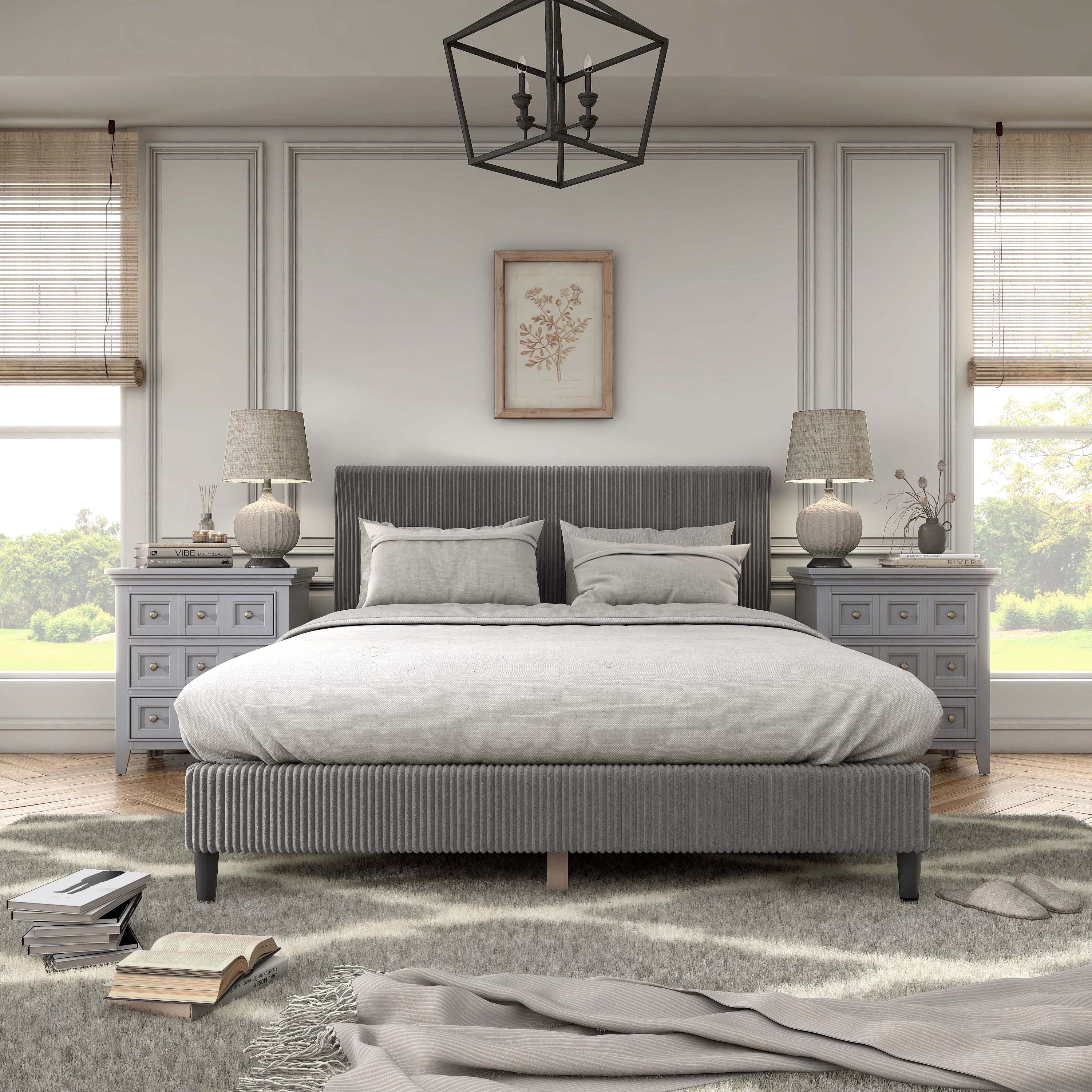 Furniture of America Colly Adult Queen Chenille Fabric Upholstered Platform Bed, Dark Gray