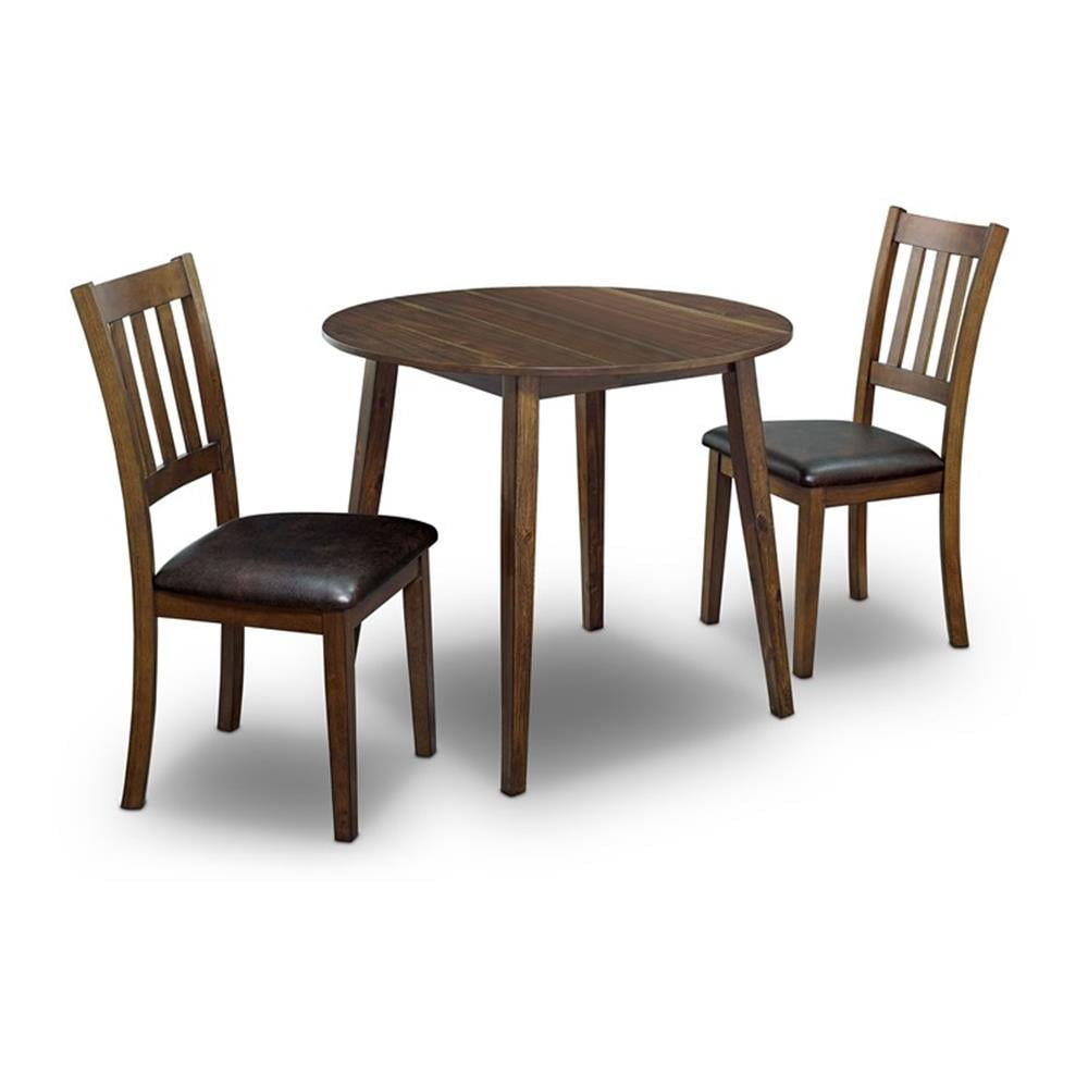 Walnut Dark Brown 3-Piece Round Dining Table Set with Faux Leather Chairs