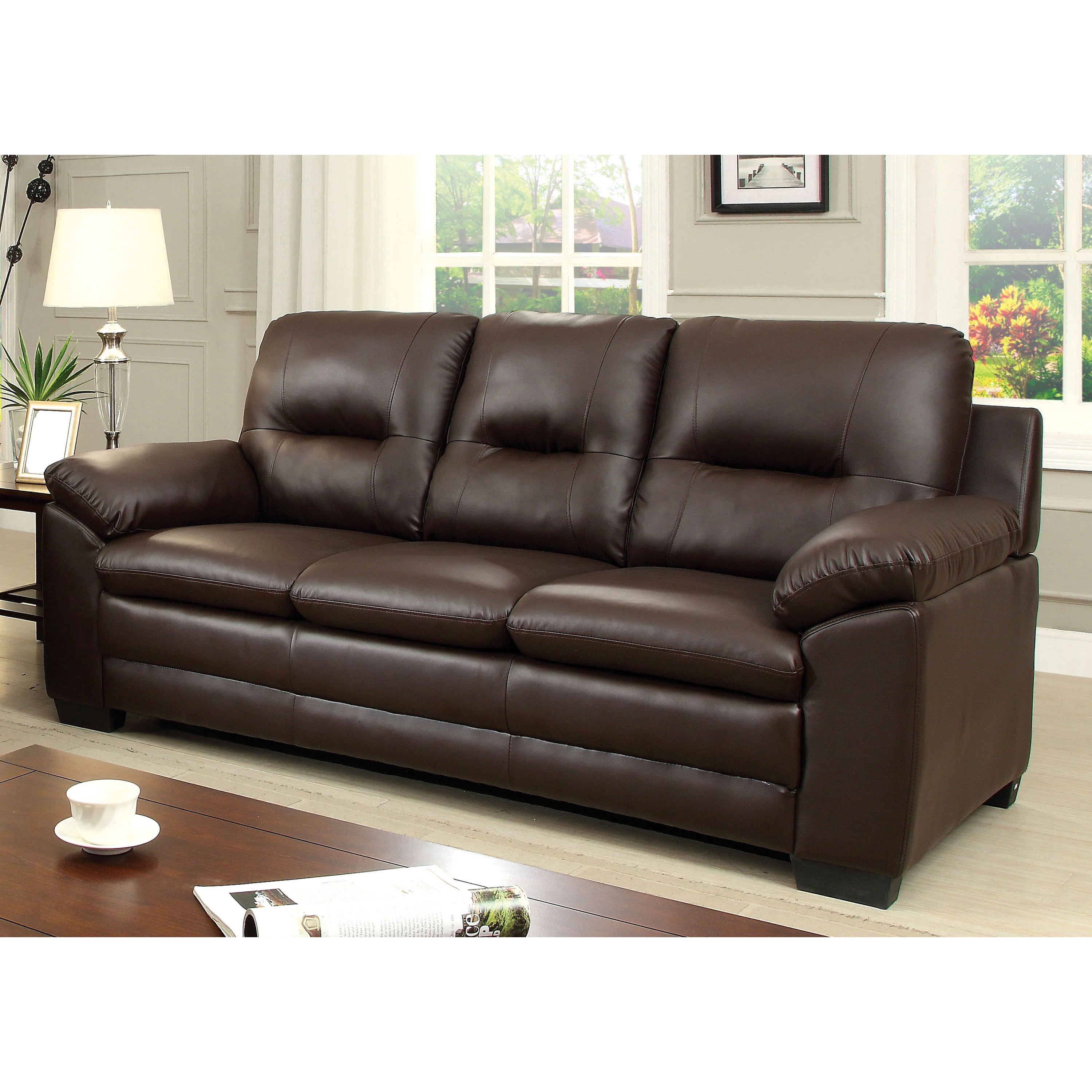 Furniture of America Contemporary Faux Leather Truman Sofa, Brown