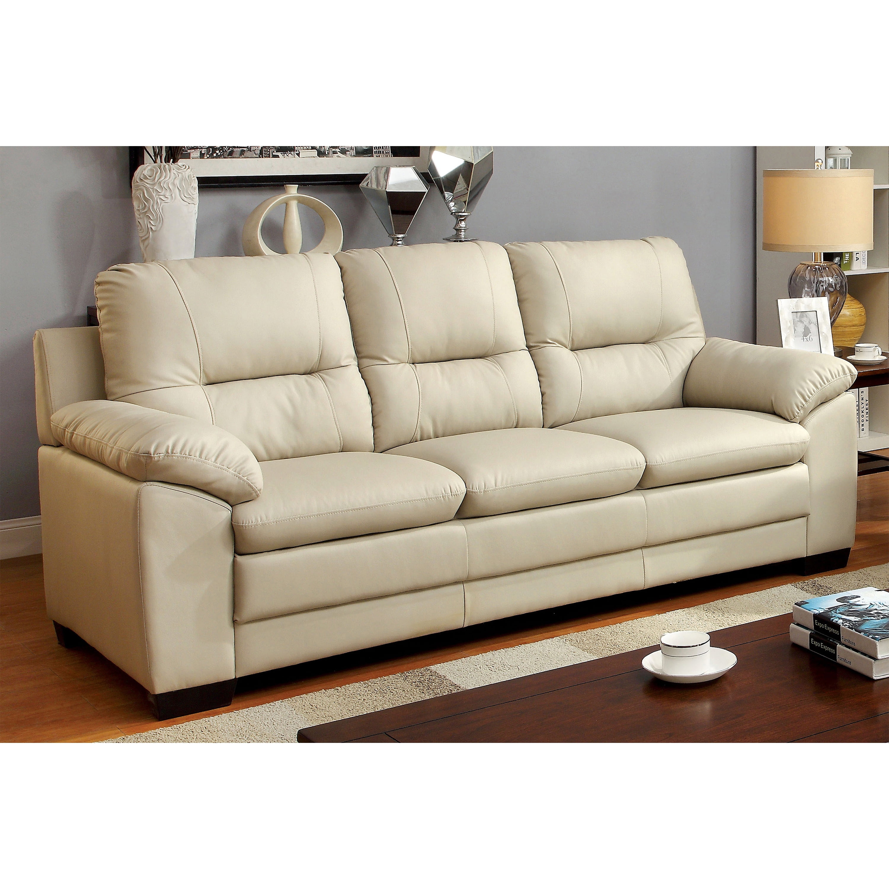 Furniture of America Contemporary Faux Leather Truman Sofa, Ivory