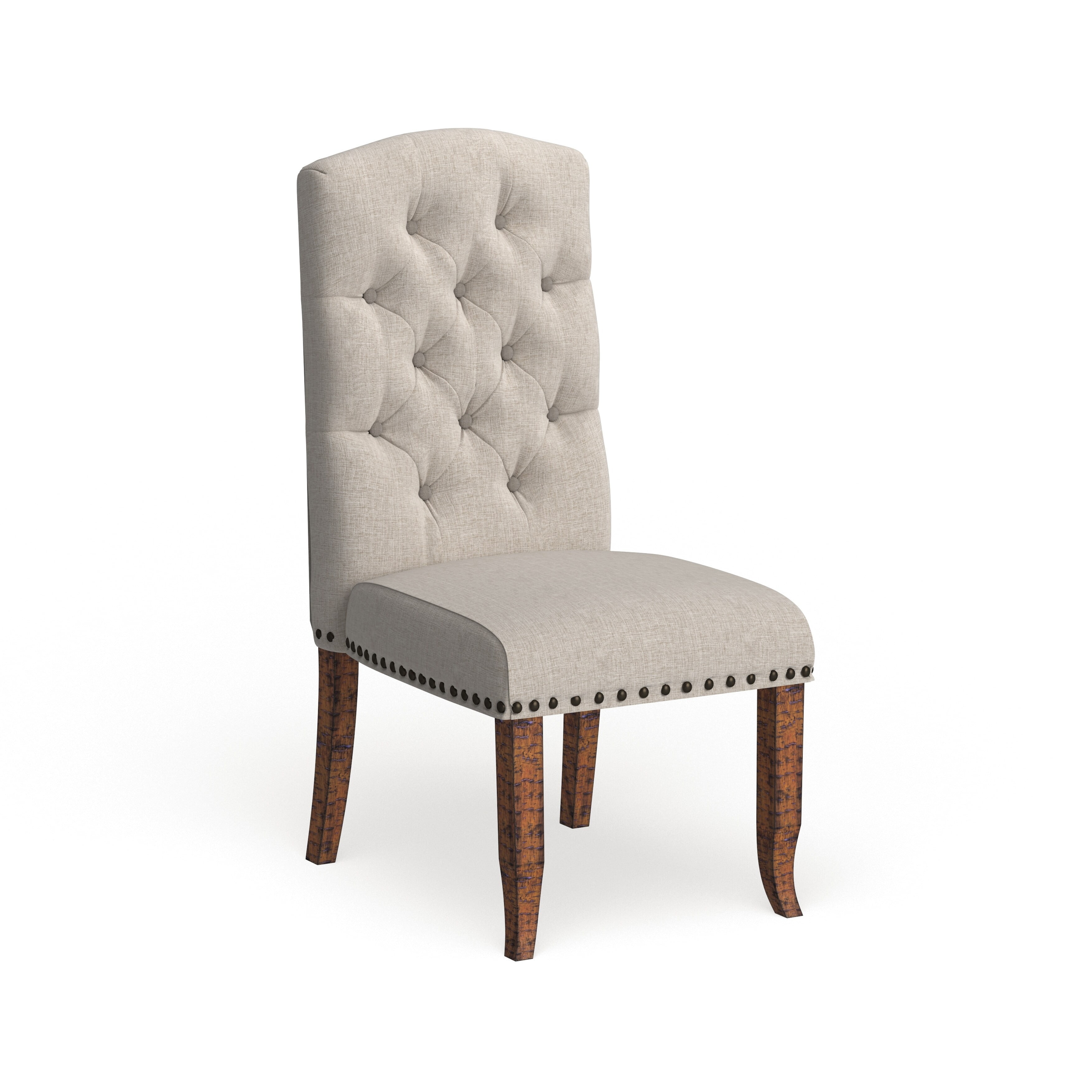 Ivory Upholstered Tufted Side Chair with Rustic Pine Wood Legs