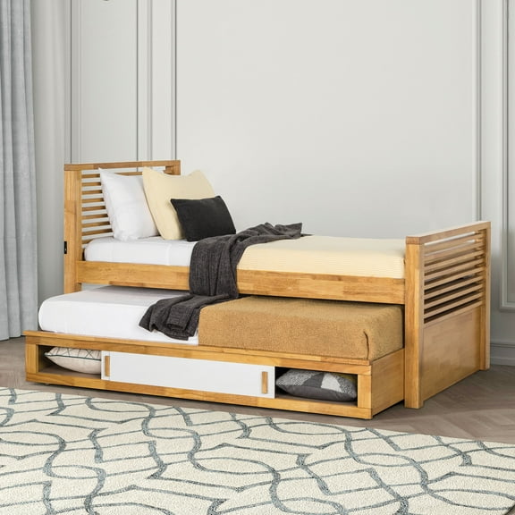 Furniture of America Corwin Solid Wood Full Captain Bed with Trundle, Light Oak