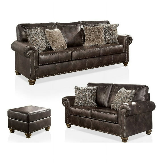 Furniture of America Craw Faux Leather 2-Piece Sofa Set with Ottoman in Brown