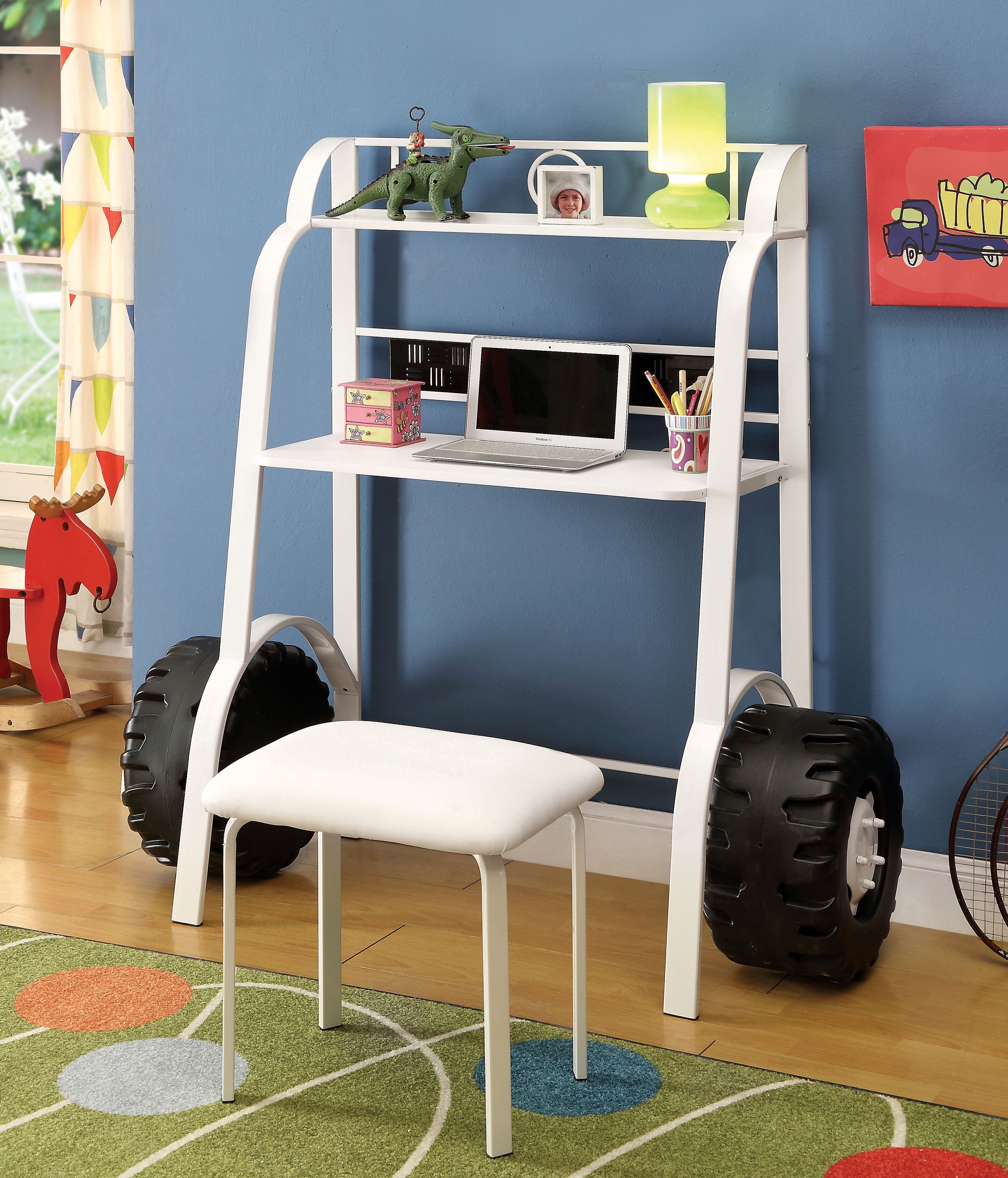 Furniture of America Daiton Novelty Metal White Race Car Kids Desk and Stool Set