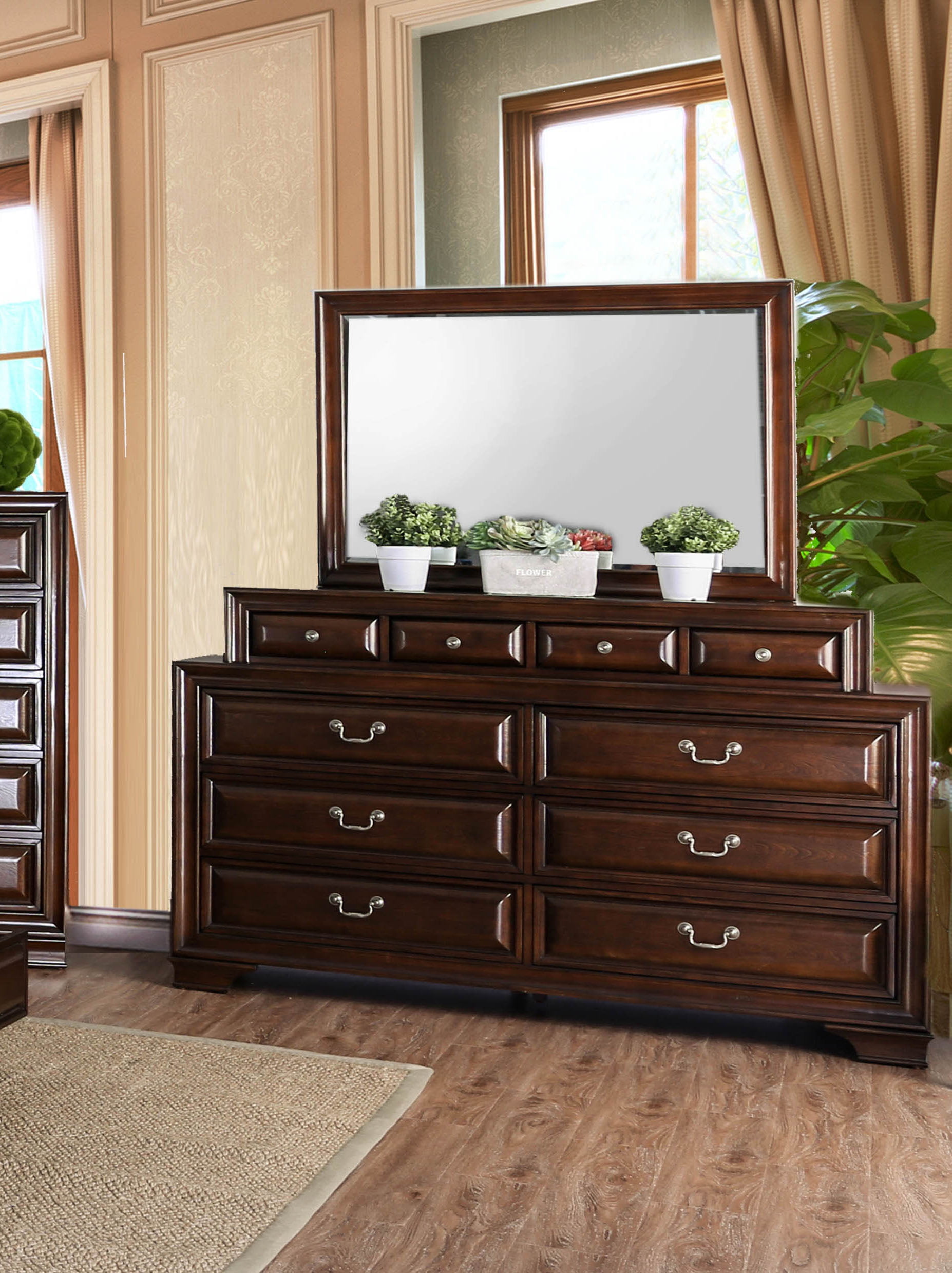 Furniture of America Damien 2-Piece Dresser and Mirror Set, Brown Cherry