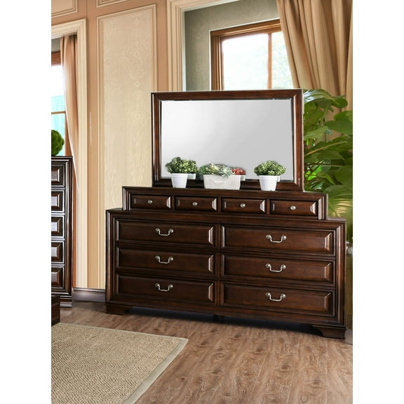 Furniture of America Damien 2-Piece Dresser and Mirror Set, Brown Cherry