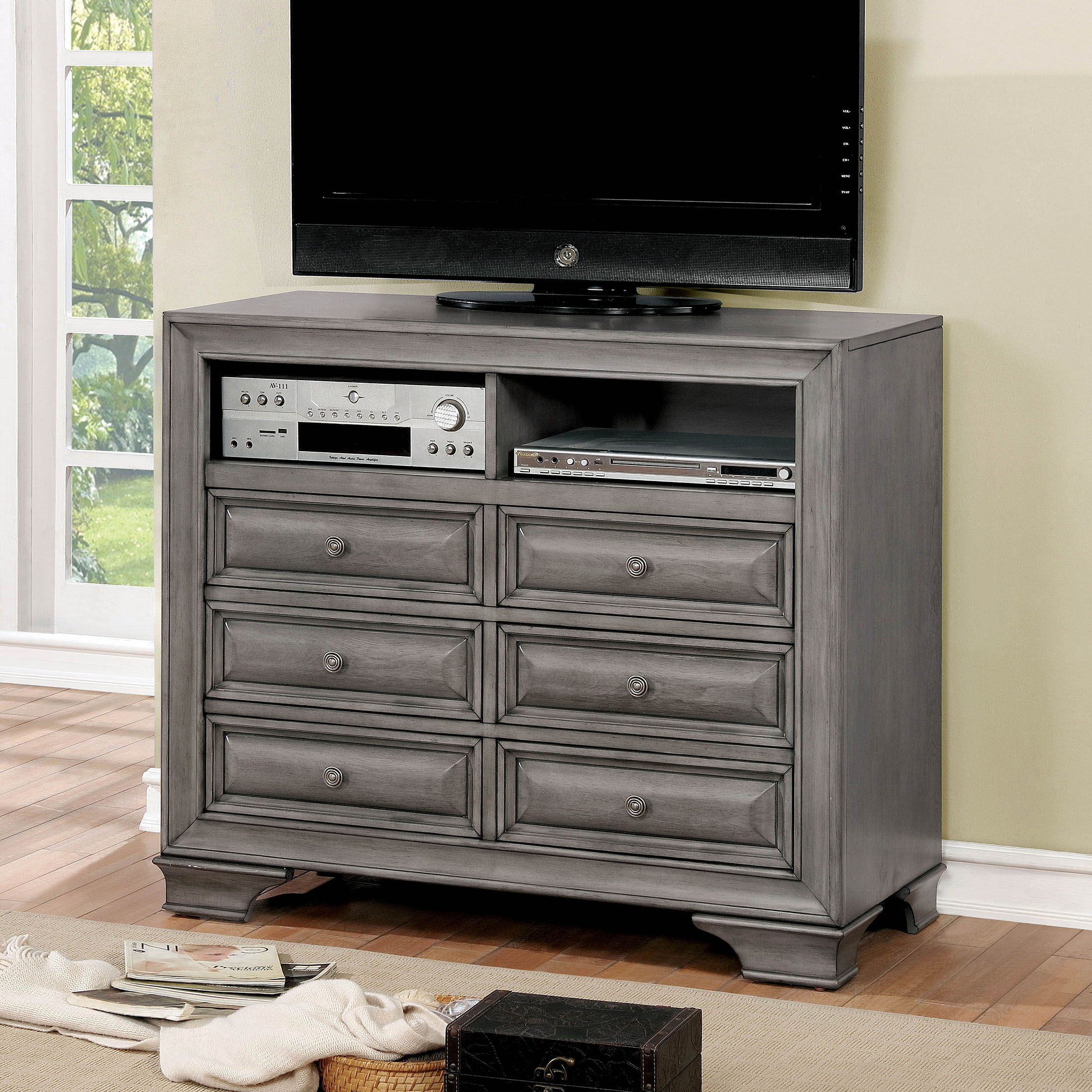 grey media dresser Free Shipping! Furniture of America Damien 6-Drawer TV Stand Chest with Shelves, Gray Mom-M