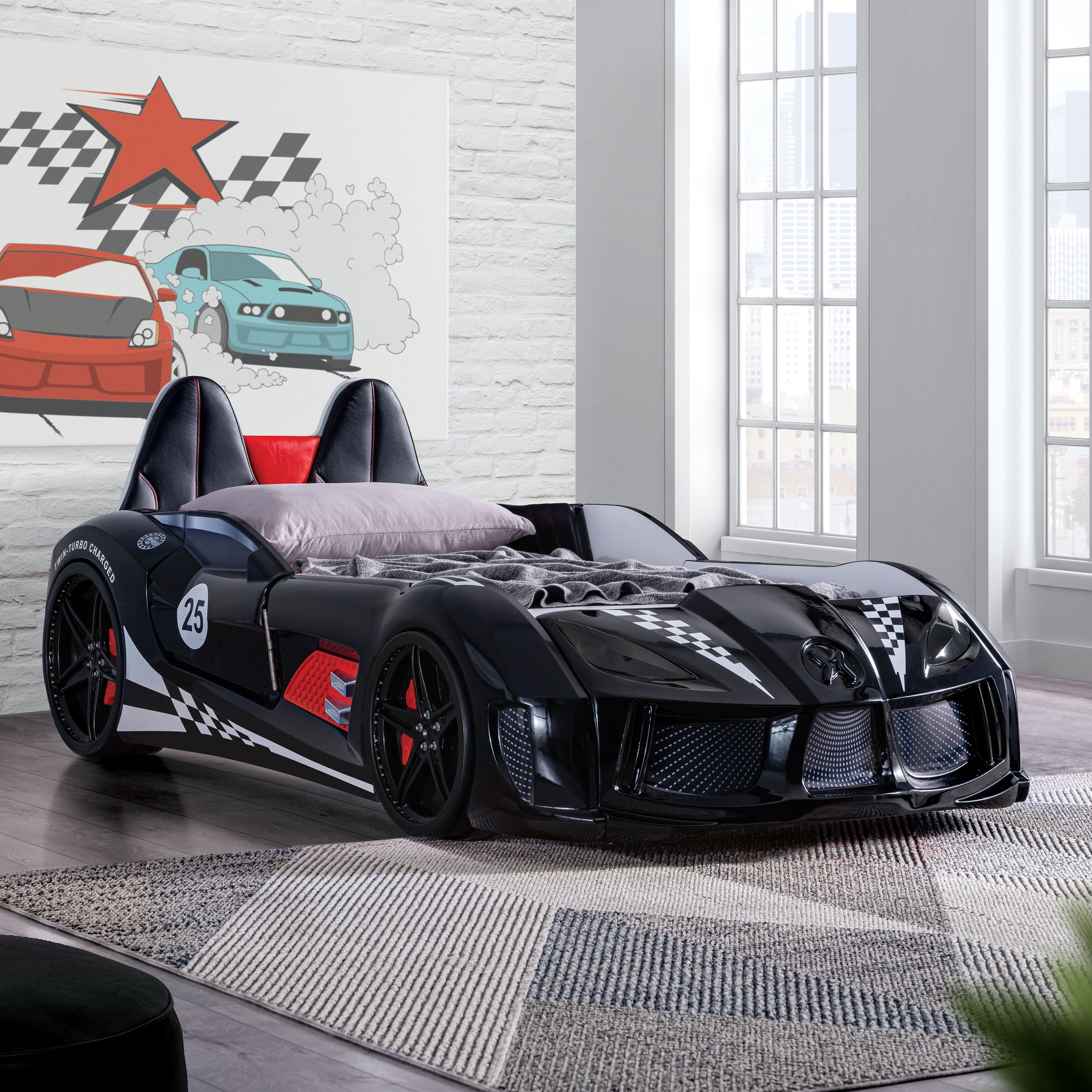 Furniture of America Dash Kids Plastic Twin Race Car Bed with LED and Sound, Black