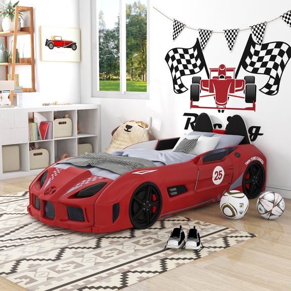 Furniture of America Dash Kids Plastic Twin Race Car Bed with LED and Sound, Red