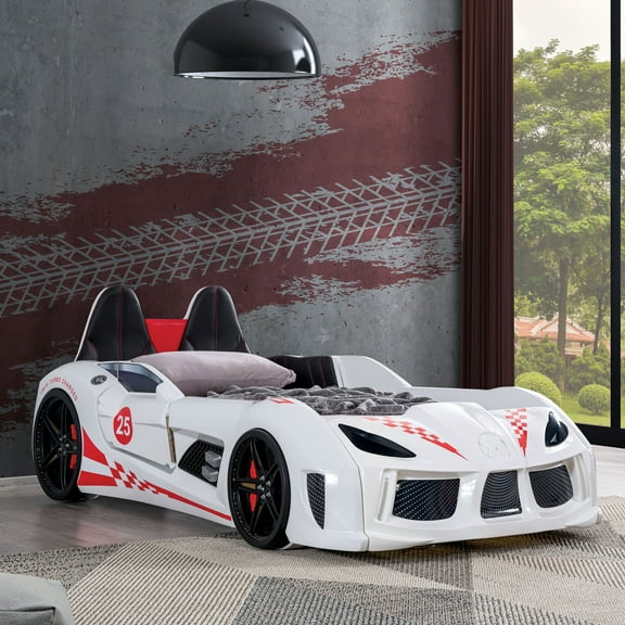 Furniture of America Dash Kids Plastic Twin Race Car Bed with LED and Sound, White