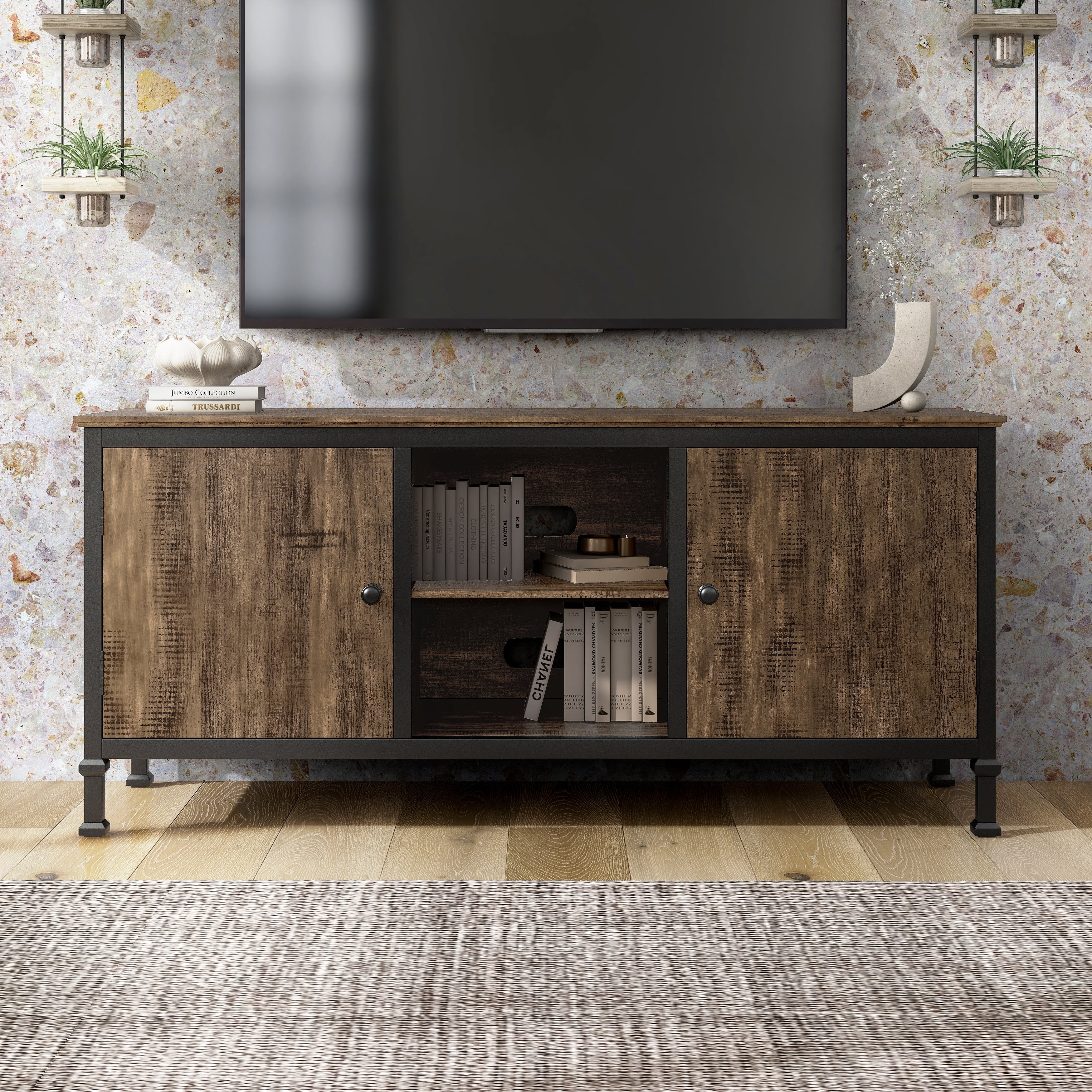 Weathered Oak and Black 60-Inch Rustic TV Console with Cabinets