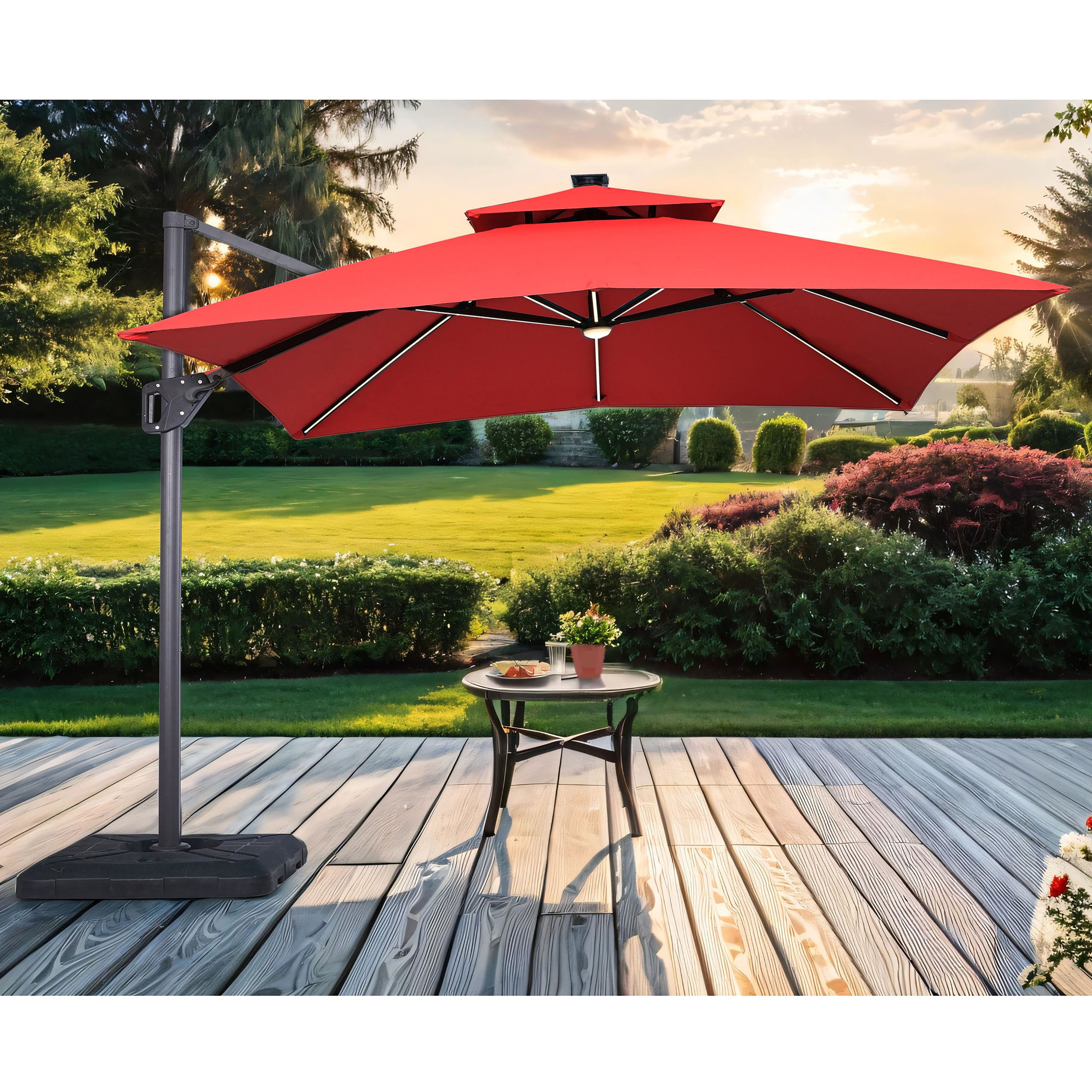 Red 10' Square Cantilever Patio Umbrella with LED Lights