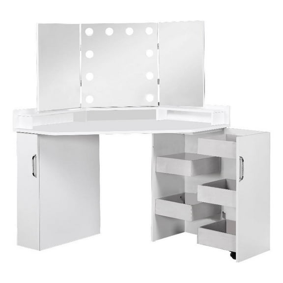 Furniture of America Denv Wood Bulb 2-Piece Vanity Table and Mirror Set in White