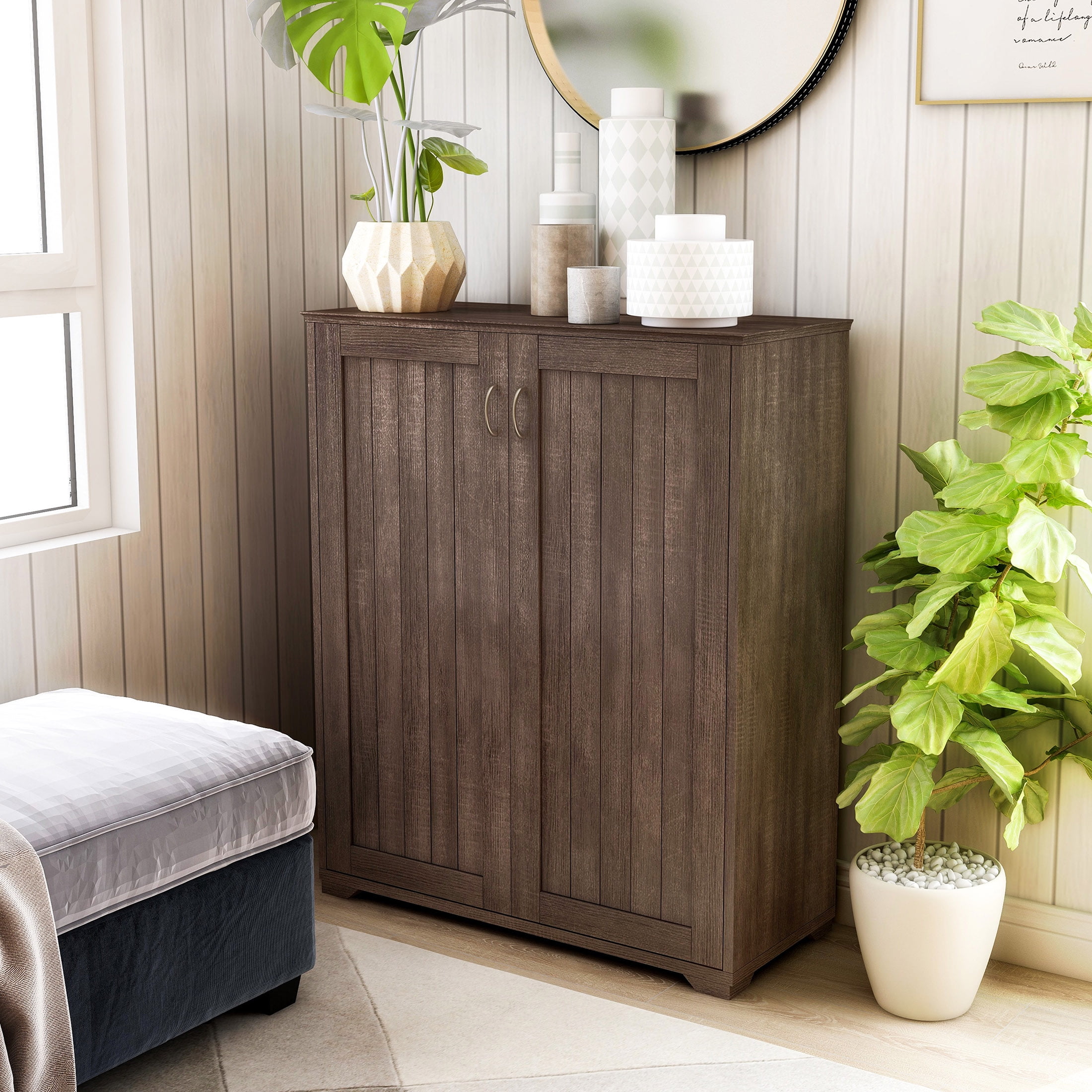 Furniture of America Dilon 2-Door Shoe Cabinet, Walnut Oak
