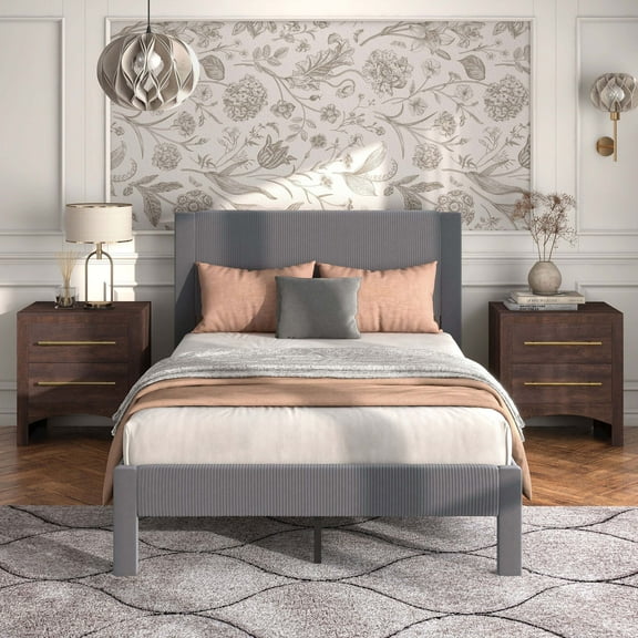 Furniture of America Dina Adult Full Velvet Fabric Platform Bed, Gray