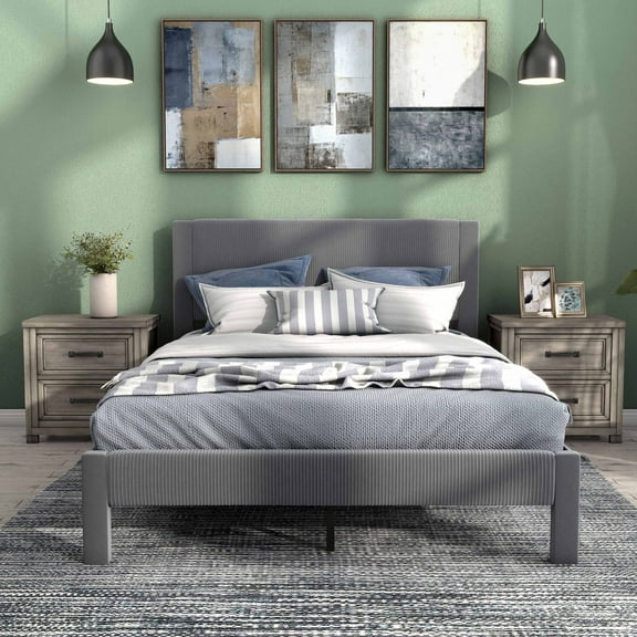 Furniture of America Dina Adult Queen Velvet Fabric Platform Bed, Gray
