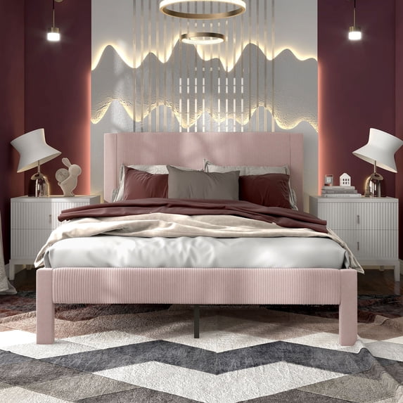 Furniture of America Dina Adult Queen Velvet Fabric Platform Bed, Pink